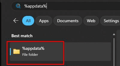 Busca do Windows com %appdata% digitado e a pasta nos resultados