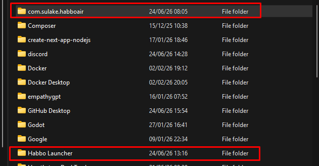Pasta do AppData com com.sulake.habboair e Habbo Launcher destacadas